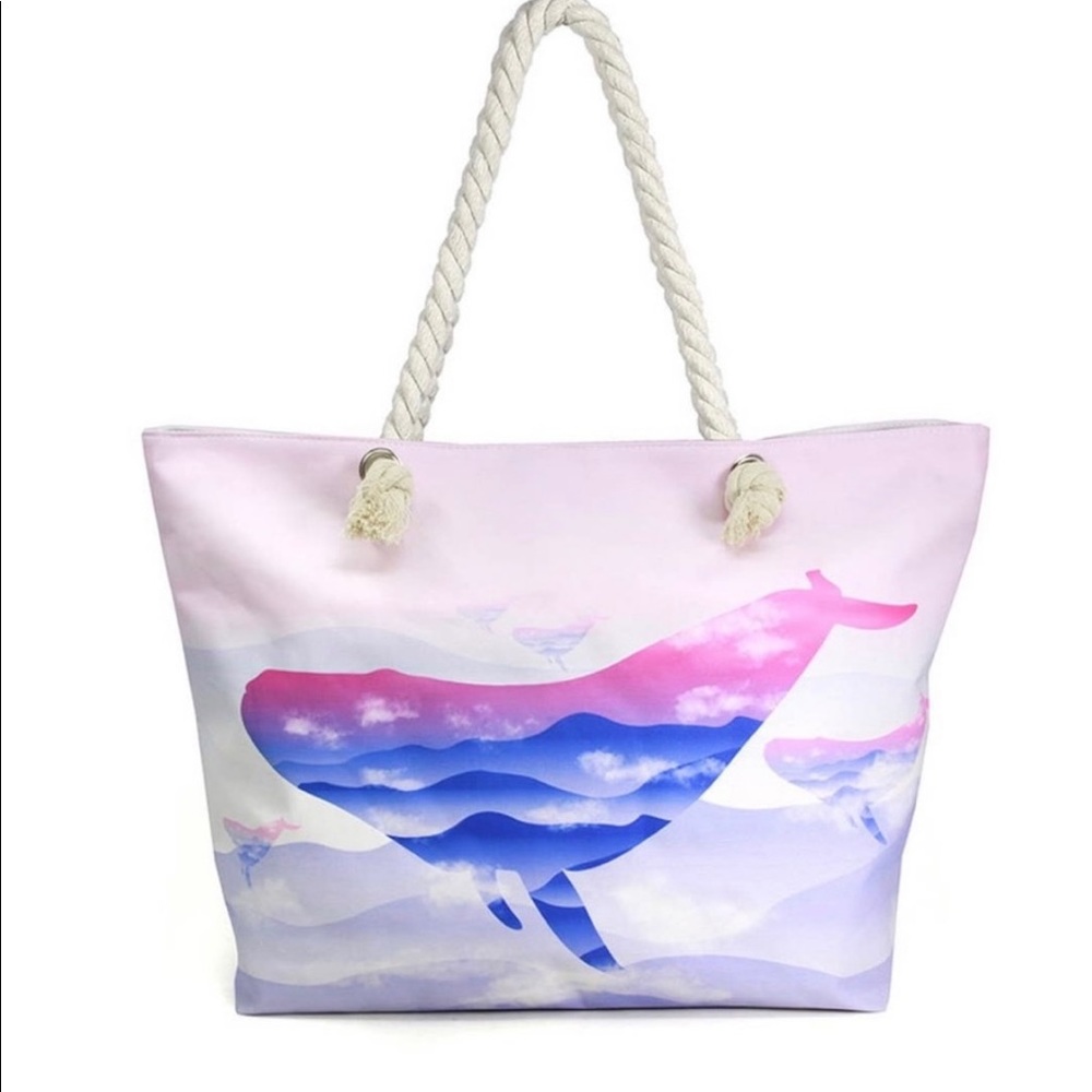 New! Ombré Ocean Whale Rope Handle Tote Travel Bag Beach with pocket - Picture 3 of 12